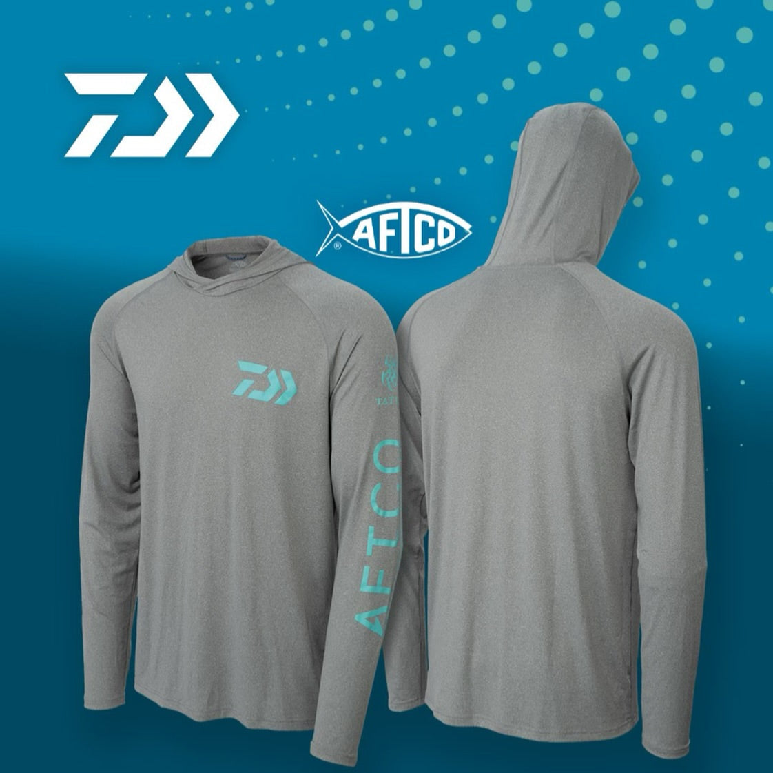 Gray hoodie with Daiwa and Aftco logos on a blue background